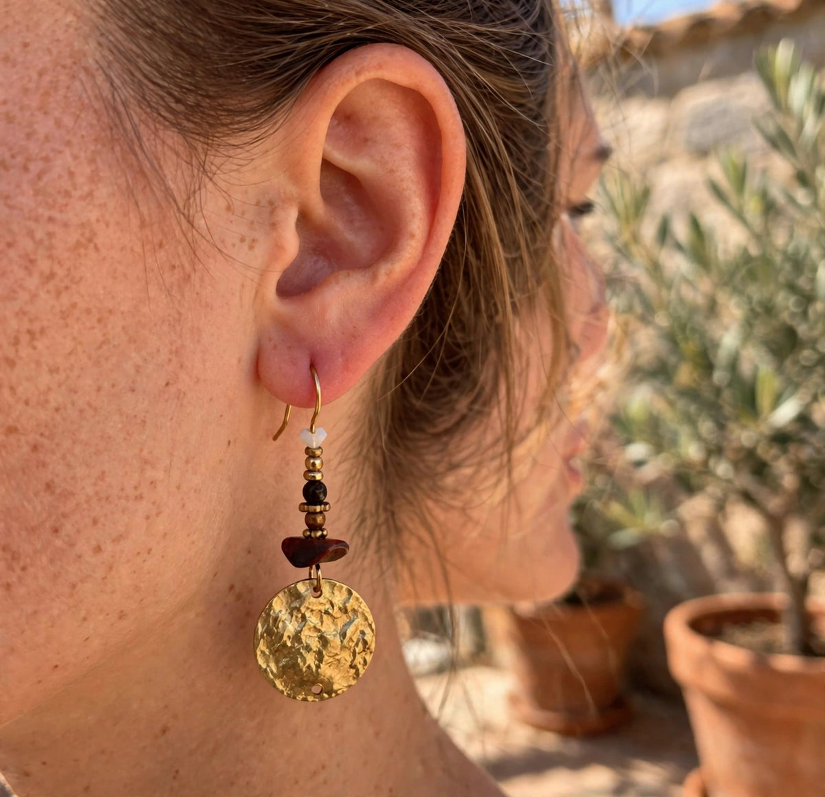 MALKA EARRINGS Brown worn on model