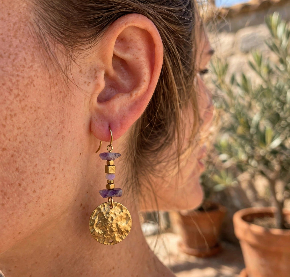 MALKA EARRINGS Purple worn on model